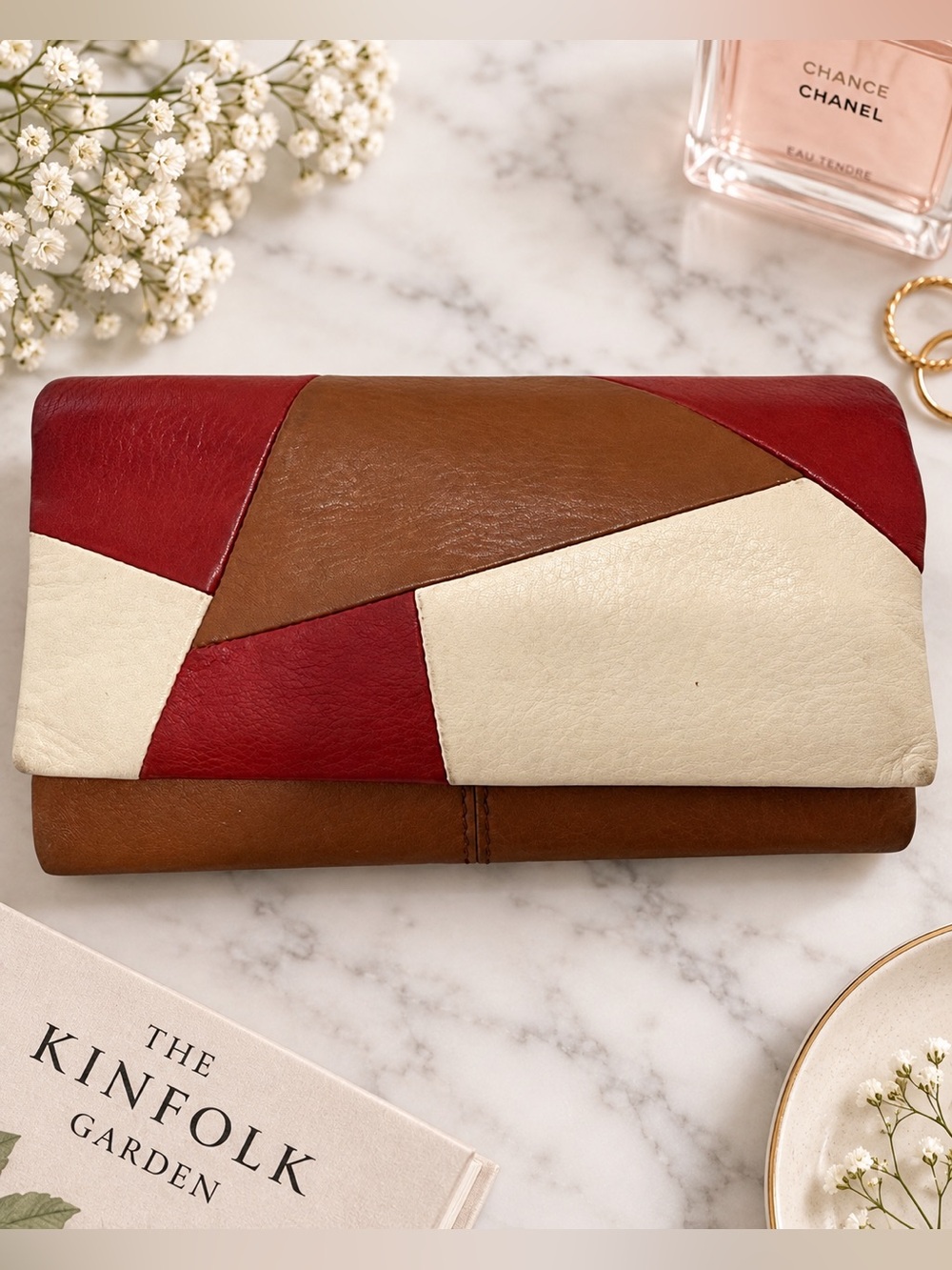 HOBO International Leather Patchwork Trifold Wallet Red Cognac Ivory